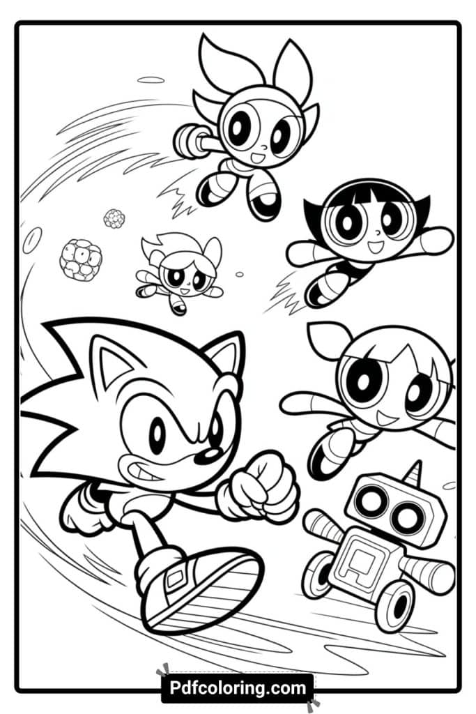 dark sonic with the Powerpuff Girls (Blossom, Bubbles, and Buttercup) coloring page
